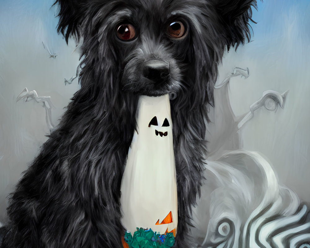 Fluffy black dog with expressive eyes holding ghost toy on swirly background