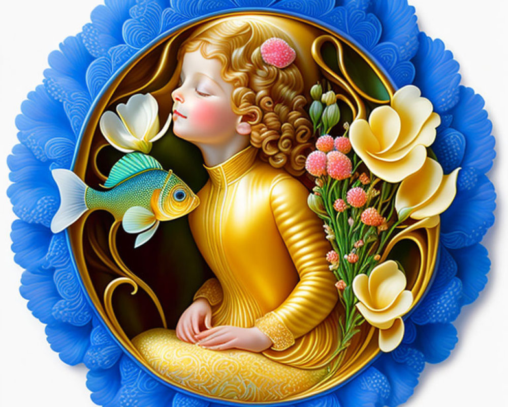 Child with Curly Hair Holding Fish Surrounded by Blue Flower Petals in Yellow Outfit