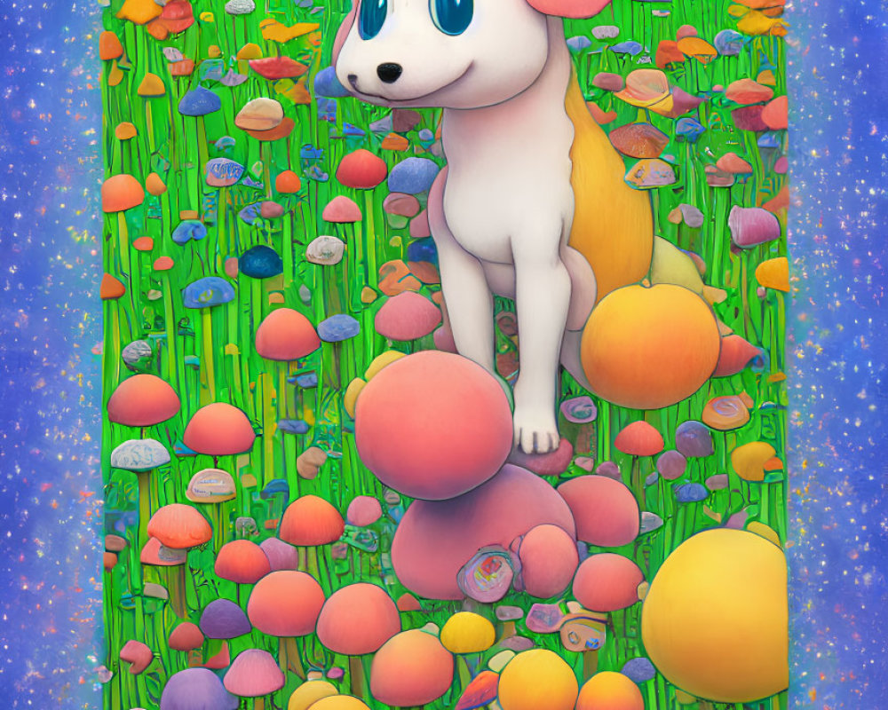 Illustration of unicorn puppy in colorful mushroom landscape