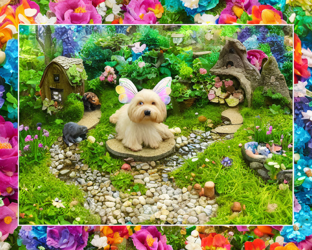 Fluffy dog with butterfly wings in colorful garden scene