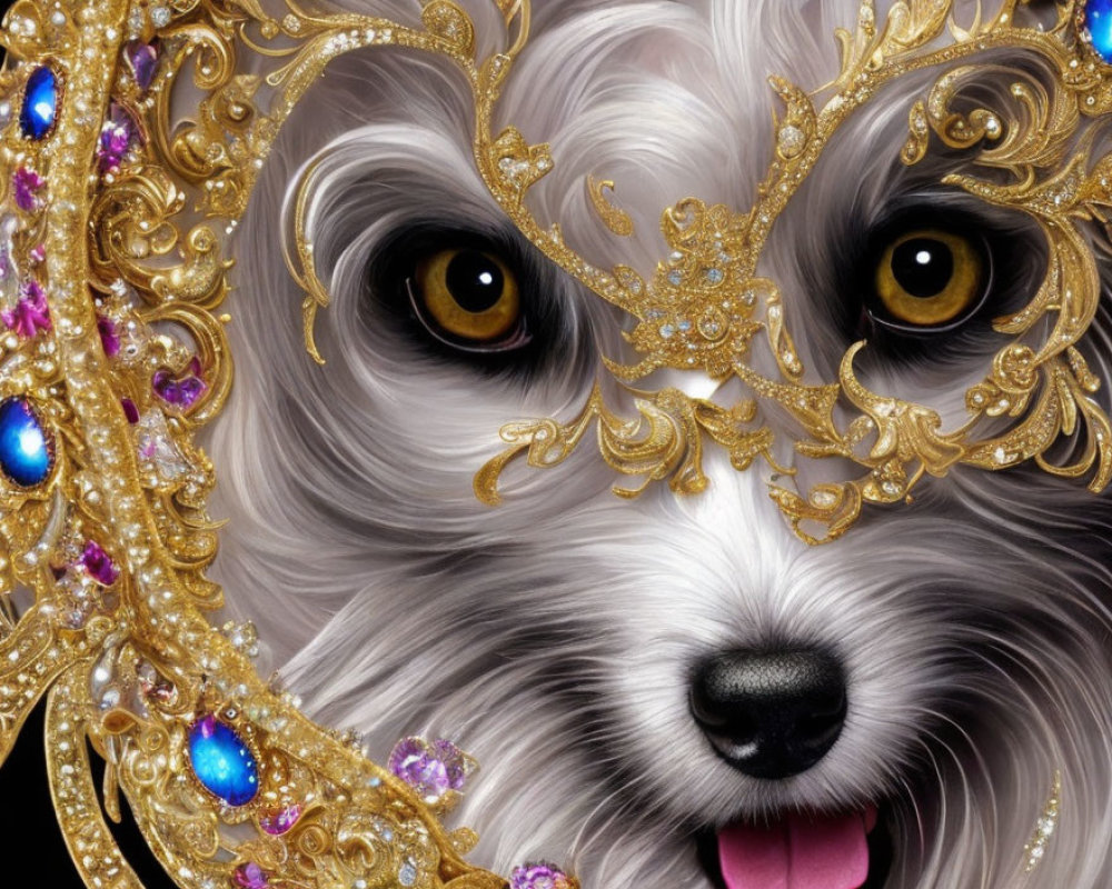 Close-Up of Dog with Striking Eyes in Ornate Golden Mask with Jewels