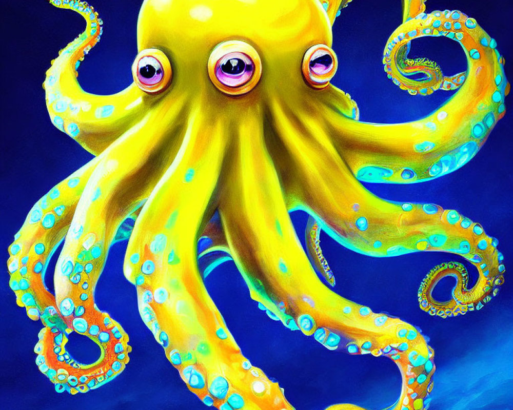 Colorful Yellow Octopus Illustration with Blue-Ringed Tentacles