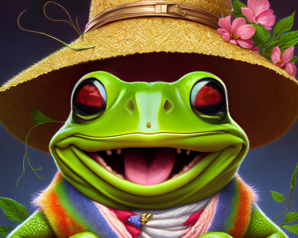 Colorful Cartoon Frog with Straw Hat and Poncho in Gold Medallion