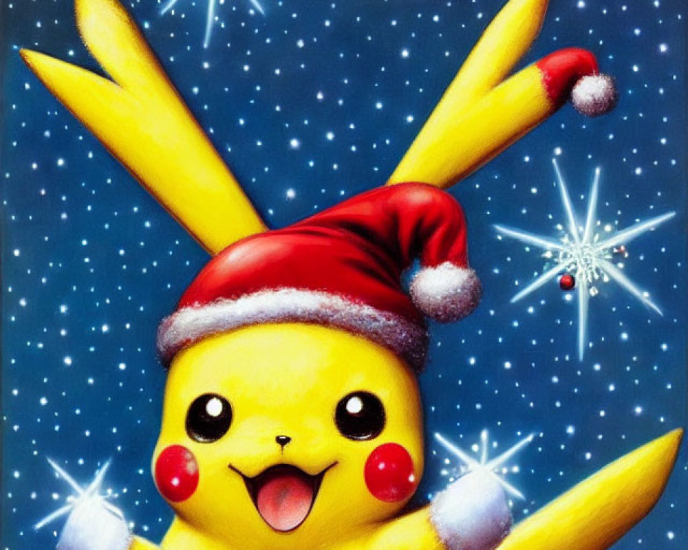 Pikachu in Santa Hat with Starry Night Sky Illustration