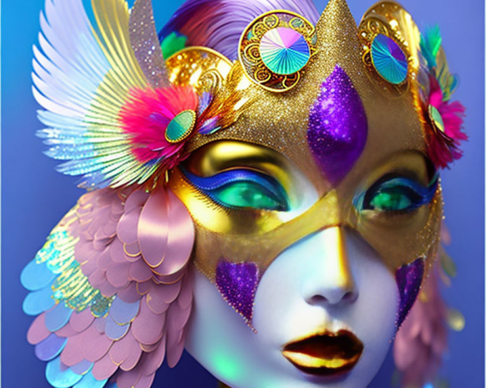 Vibrant female figure in ornate golden masquerade mask