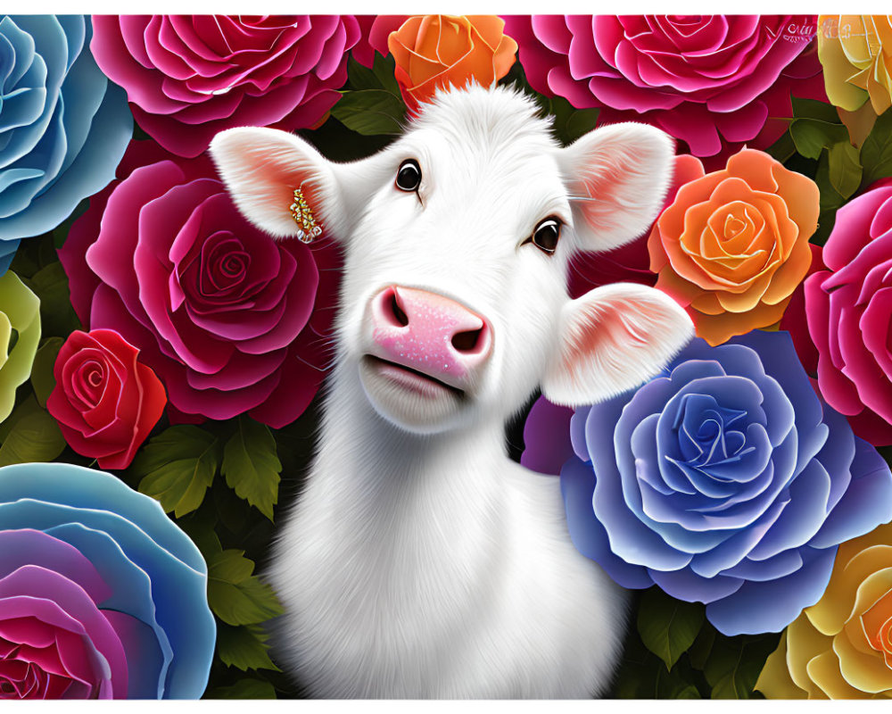 Colorful illustration: White calf with expressive eyes among stylized blue, pink, and orange roses