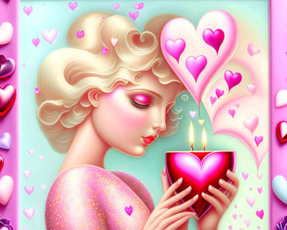 Blonde woman holding heart-shaped candle with roses and hearts illustration