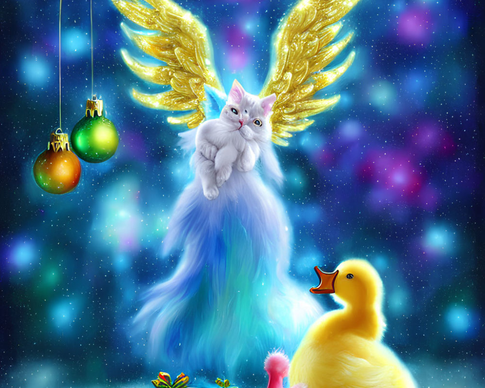 Colorful winged white cat with cosmic background and rubber duck in whimsical image