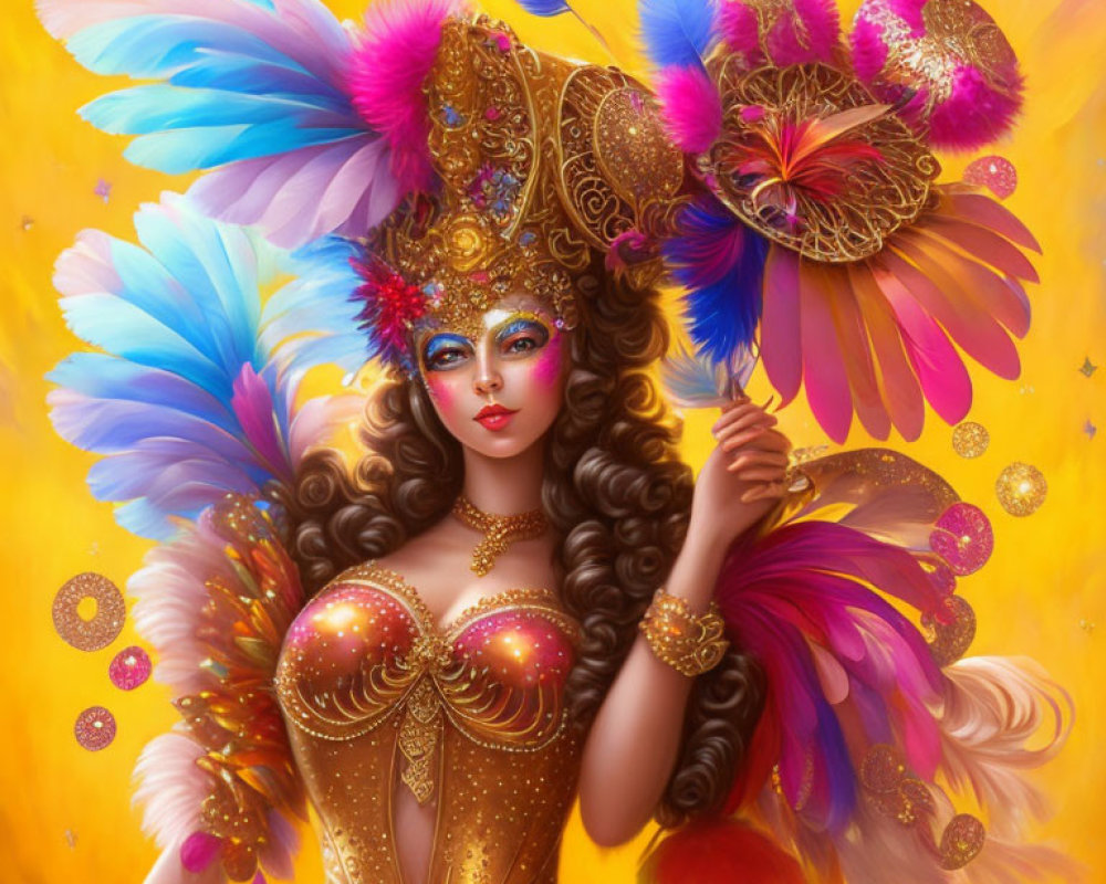 Colorful Woman in Carnival Costume with Feathered Headdress and Golden Mask