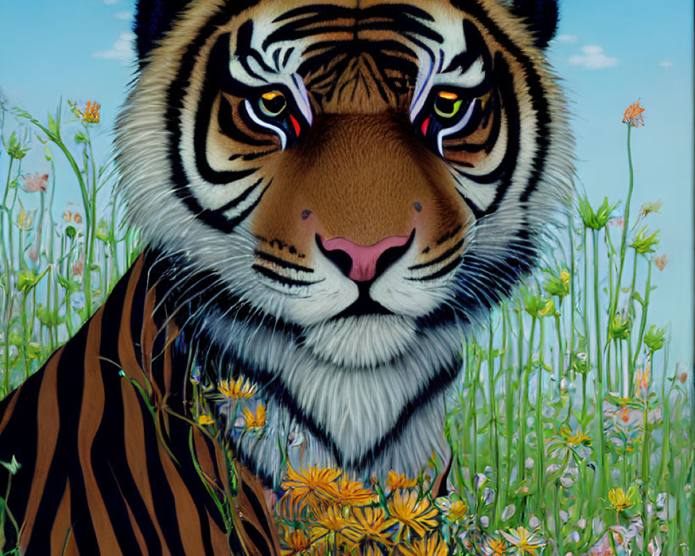 Tiger's Head in Vibrant Wildflower Field and Blue Sky