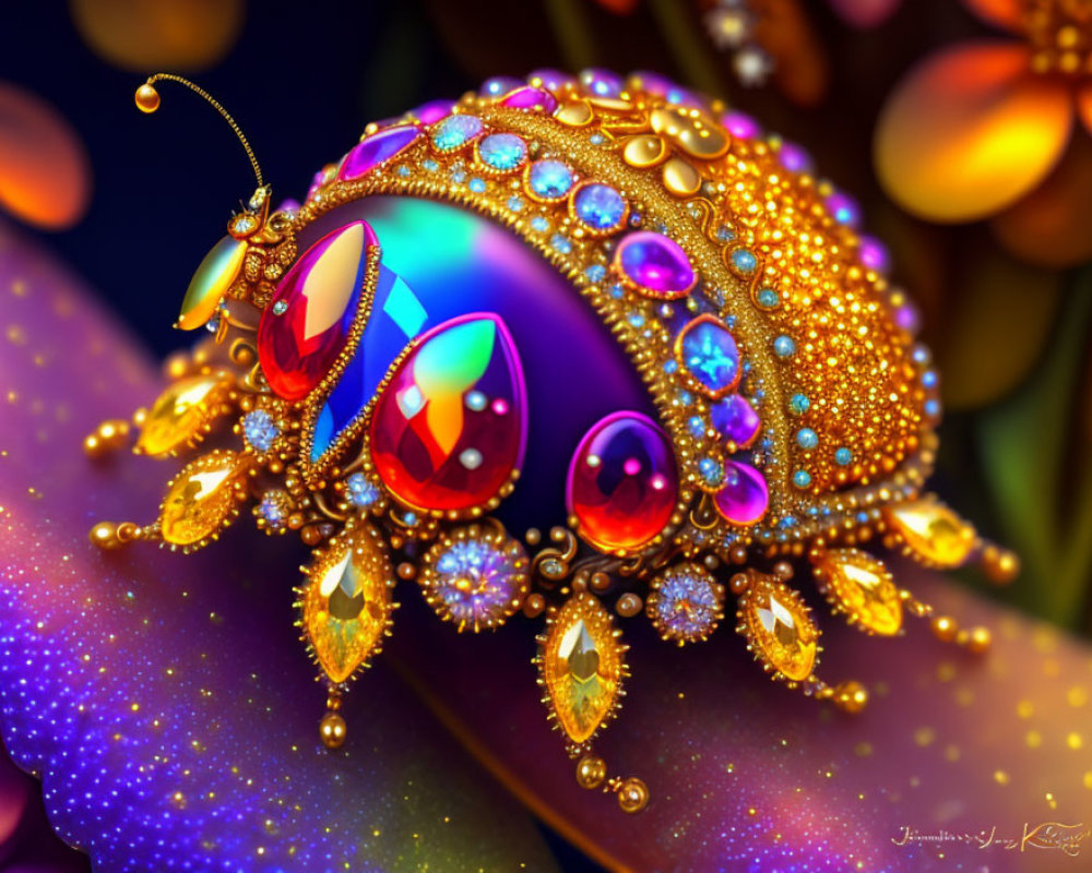 Colorful Jewel-Encrusted Beetle on Leaf with Fantasy Aesthetic