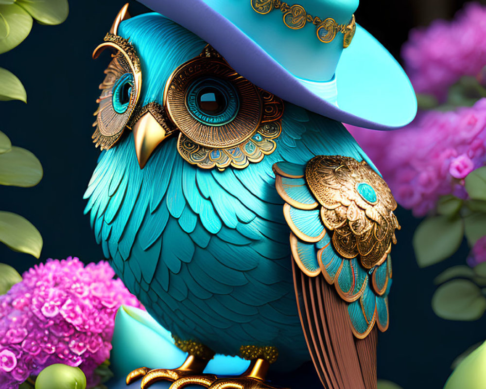 Colorful Stylized Owl with Teal and Gold Cowboy Hat and Floral Background