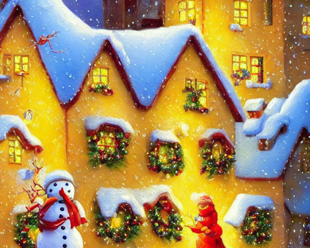 Snow-covered houses, snowman, festive decorations under starry sky