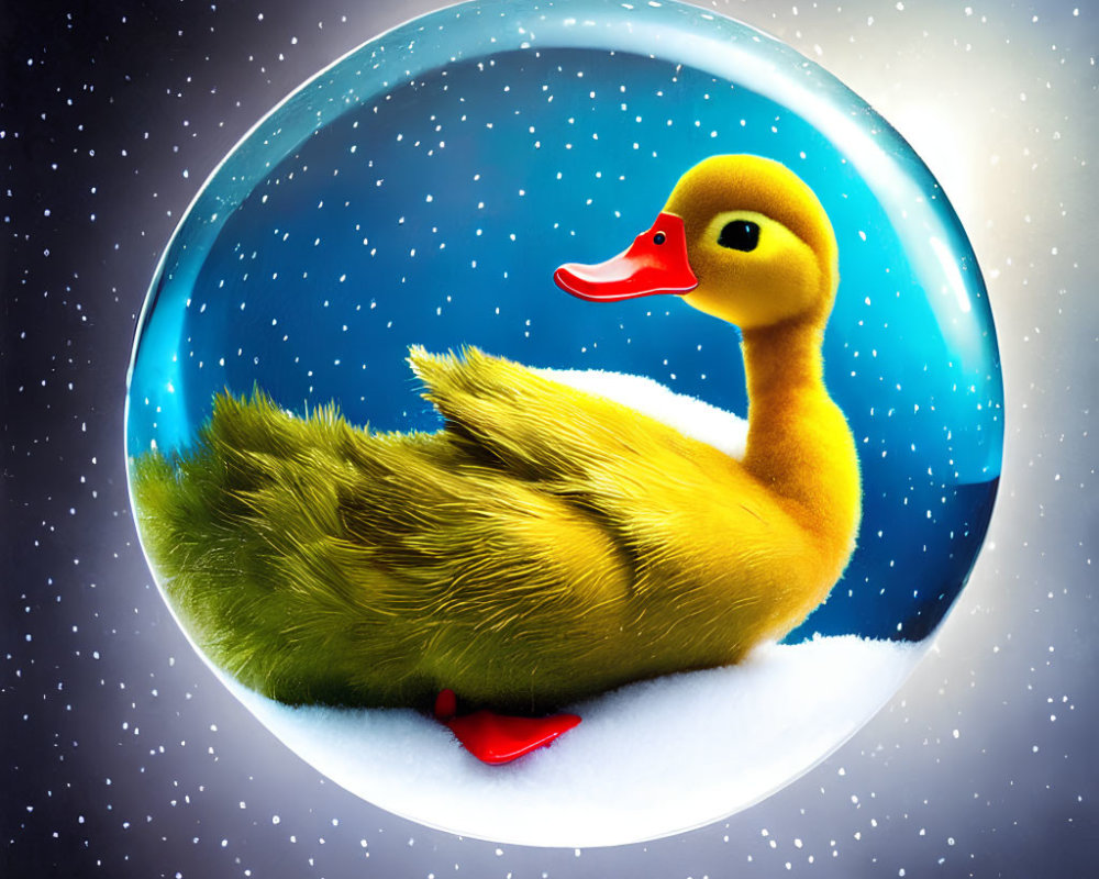 Yellow cartoon duck in snow globe under starry sky