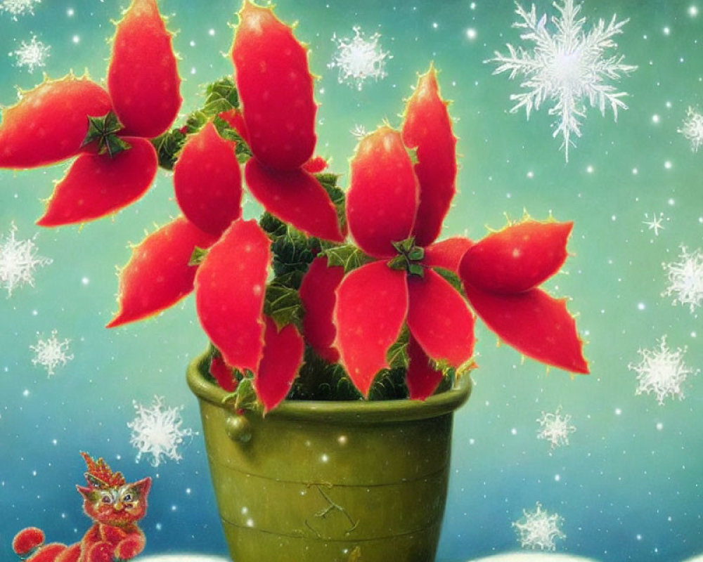 Red Christmas Cactus Blooms in Green Pot with Cat and Snowflakes