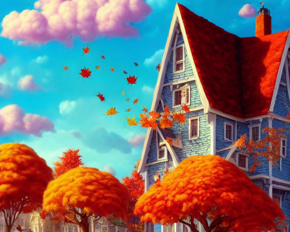 Vibrant autumnal house illustration with red roof and orange trees