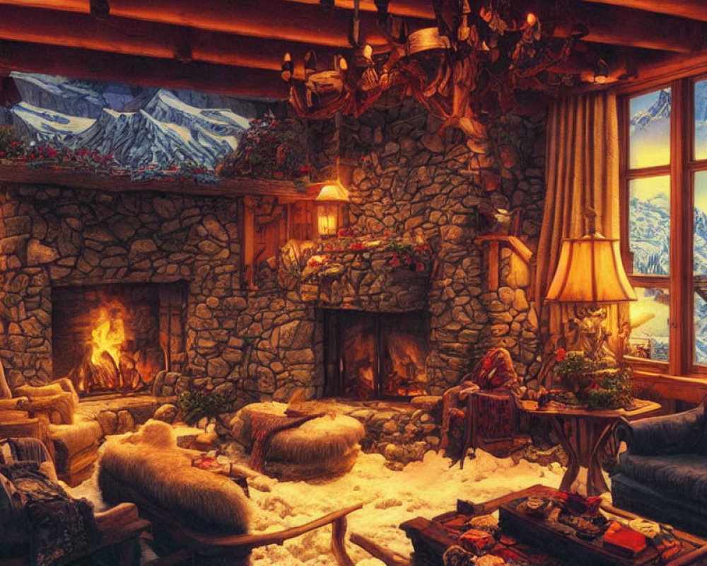 Rustic mountain cabin interior with fireplace, comfy furniture, and snowy landscape view