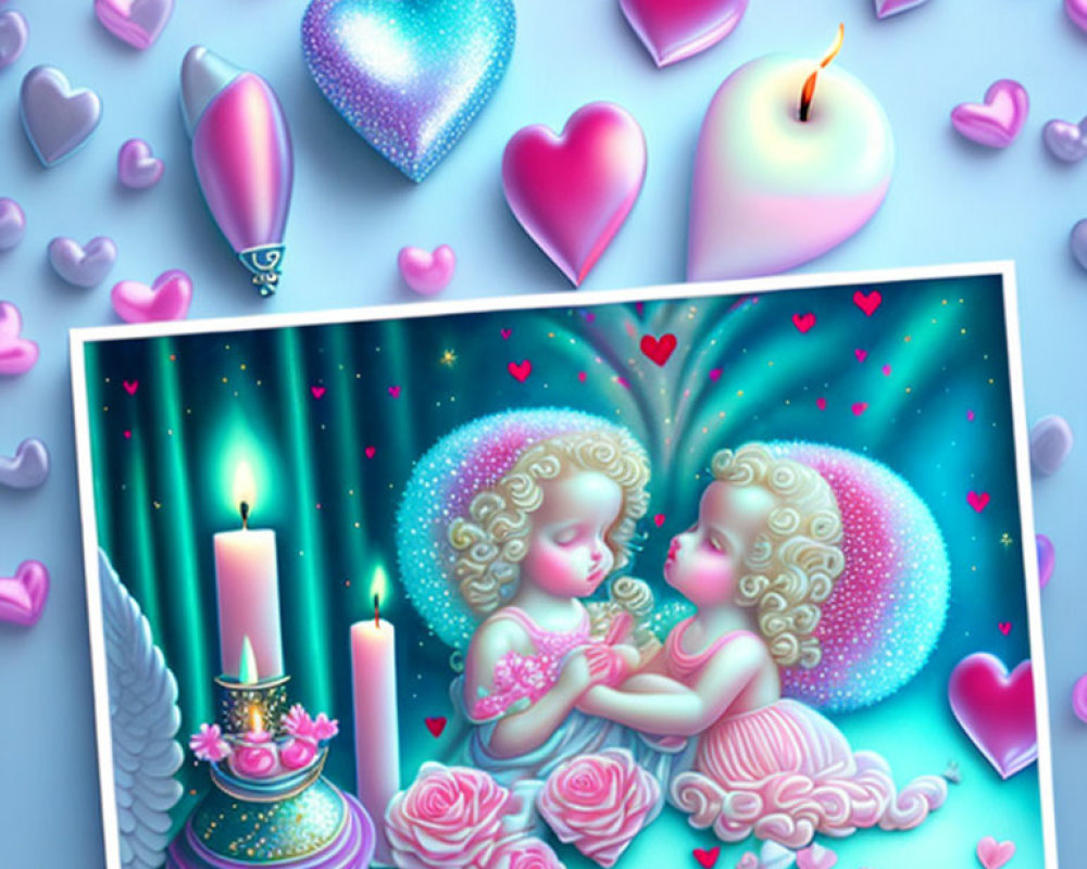 Cherubs Illustration with Hearts, Candles, Balloons & Roses