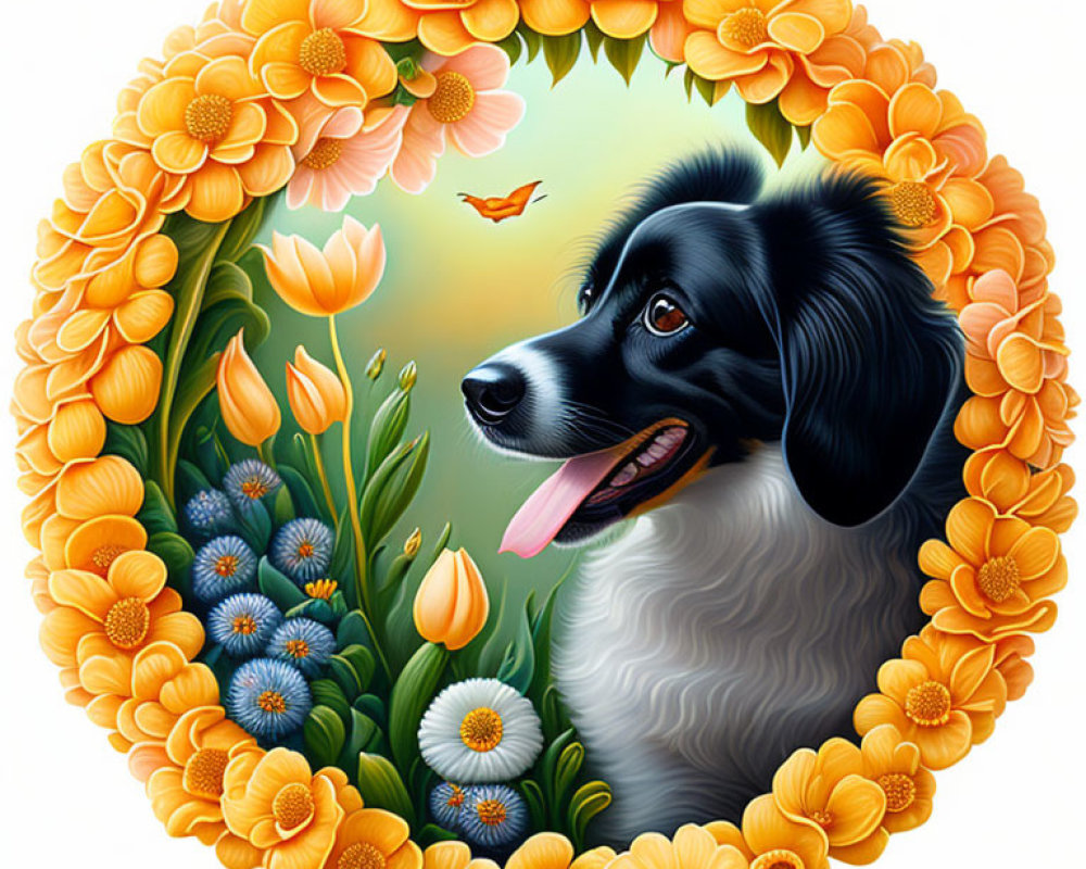 Monochrome Dog Surrounded by Orange Flowers and Blue Flora