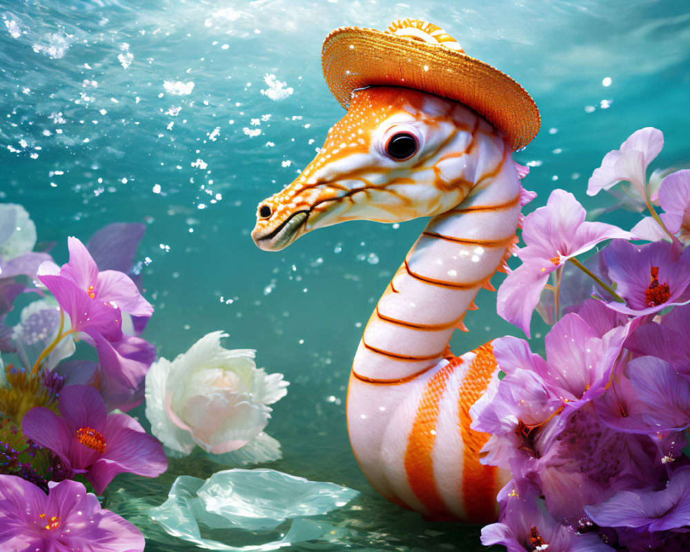 Whimsical giraffe-fish hybrid in water with flowers