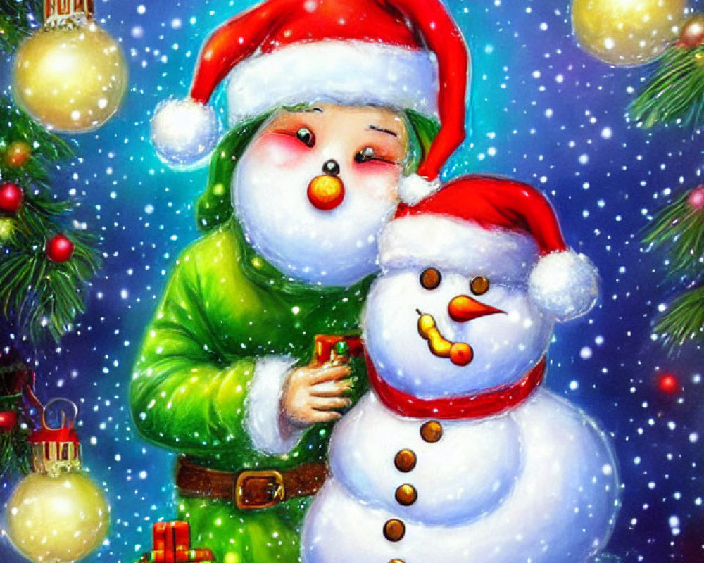 Cheerful snowman and child with Christmas decorations