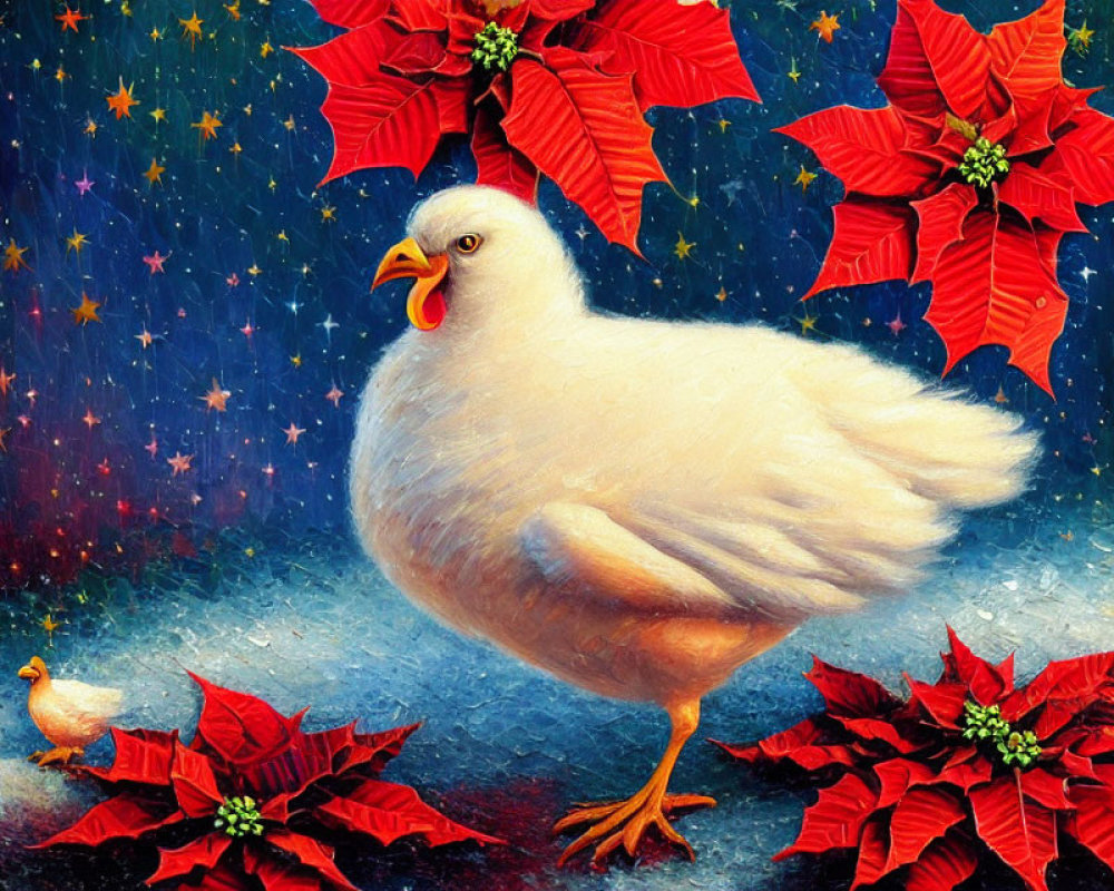 Large White Chicken and Smaller Chick in Poinsettias with Cosmic Background