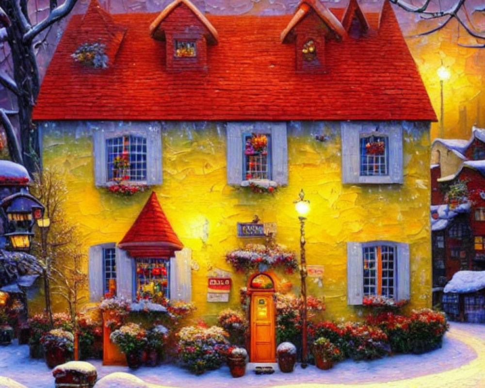 Yellow Two-Story House with Christmas Decorations and Snow at Twilight