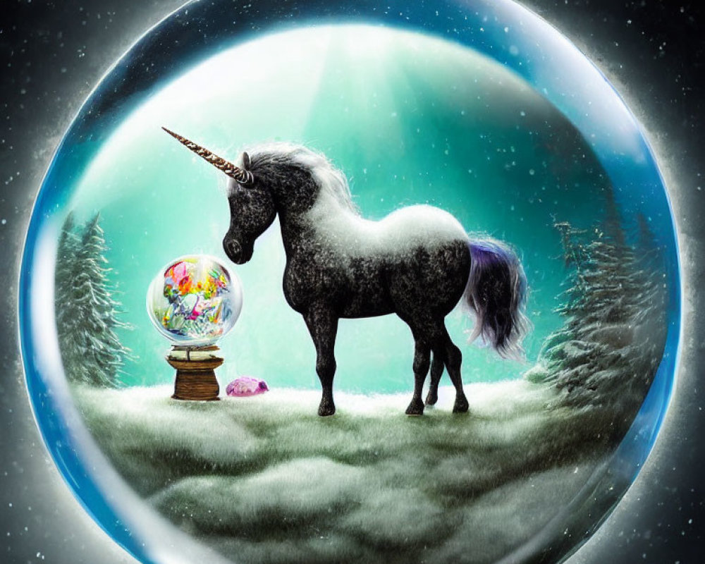 Black unicorn with twisted horn in snow globe under starry sky