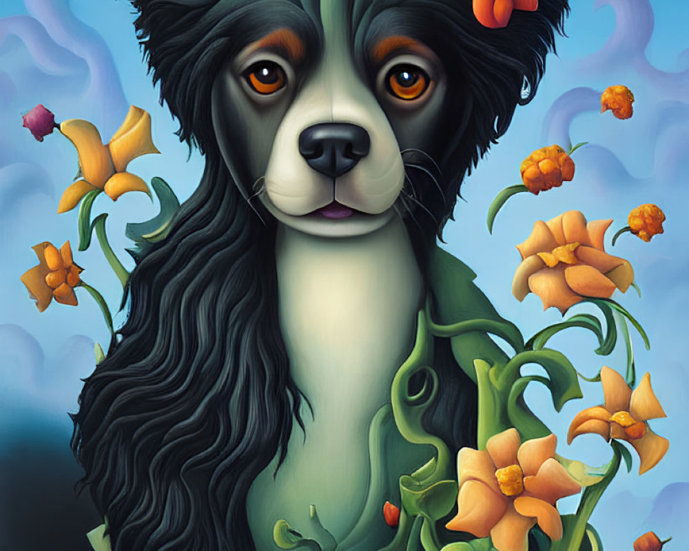 Stylized black and white dog with colorful flowers on blue background