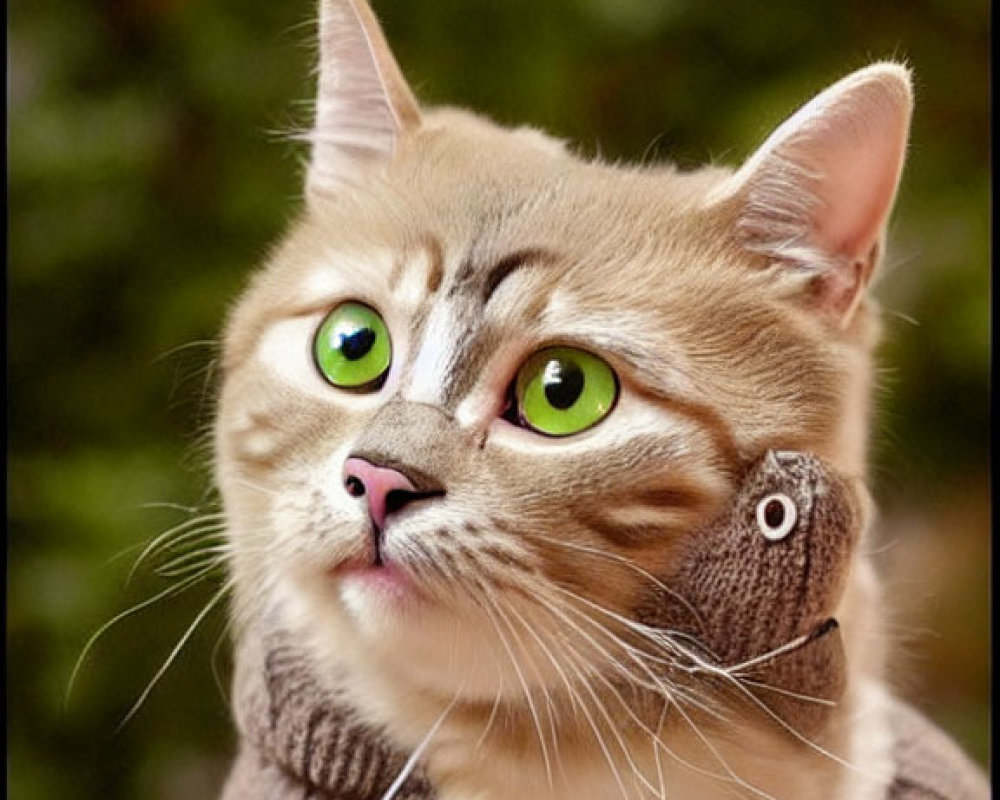 Green-eyed cat in brown sweater and helmet, with pensive expression.