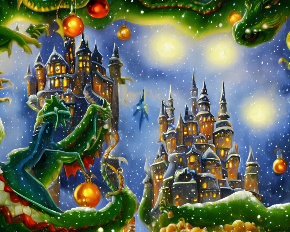 Snowy castle with dragons and Christmas trees under starry sky