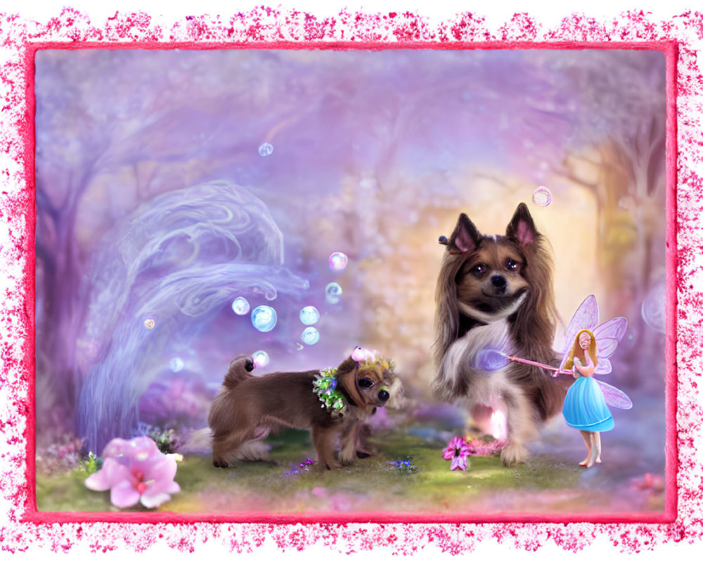 Whimsical illustration of dogs and fairy in magical floral setting