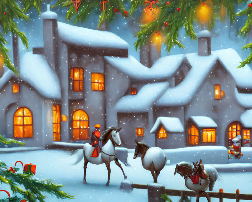 Winter scene: cozy house, snowy landscape, pine trees, horses, festive decorations