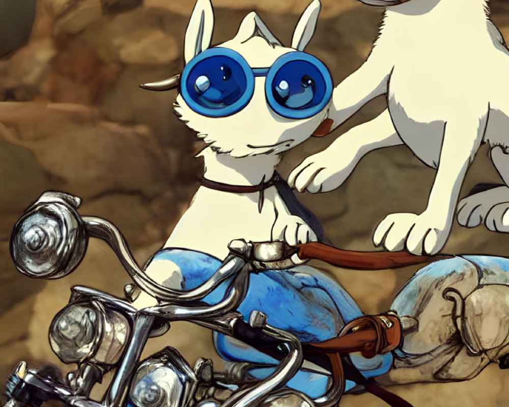 Animated dog and creature with blue glasses on vintage motorcycle in rocky terrain