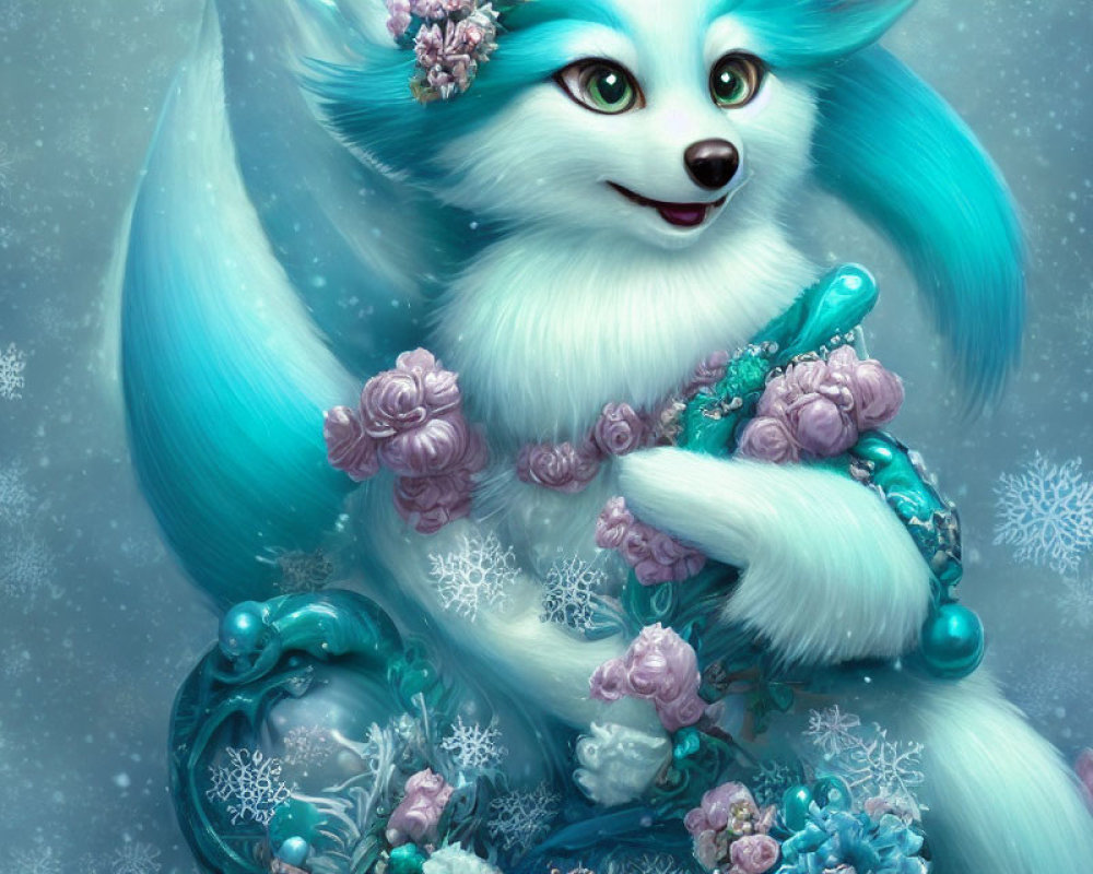 Blue and white fox creature with floral and snowflake details holding a frosty ornament