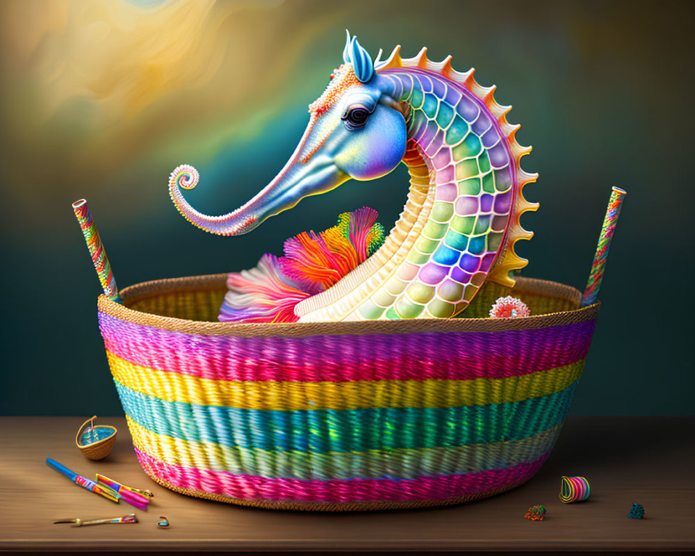 Colorful seahorse illustration with rainbow scales in woven basket.