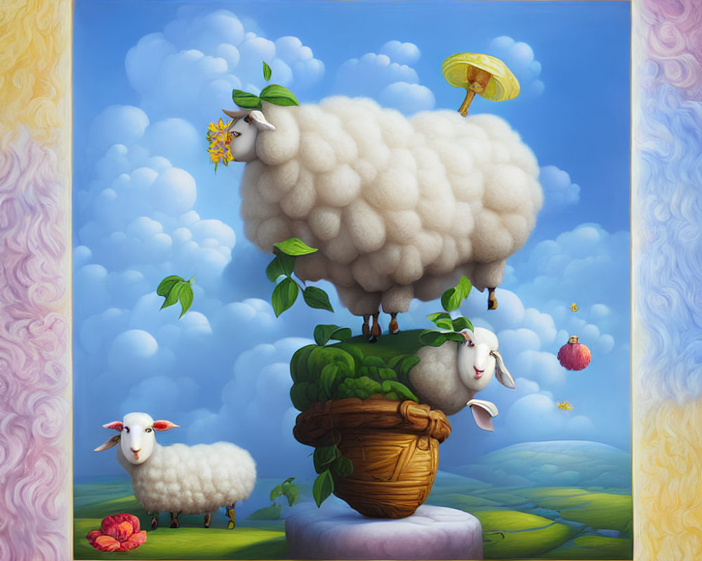 Artwork: Whimsical sheep with fluffy clouds and unique poses