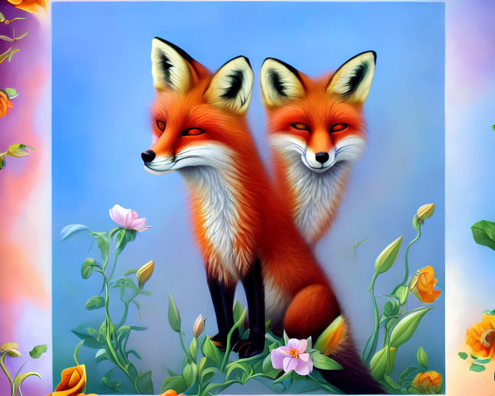 Vibrant red foxes with colorful flowers on soft blue background