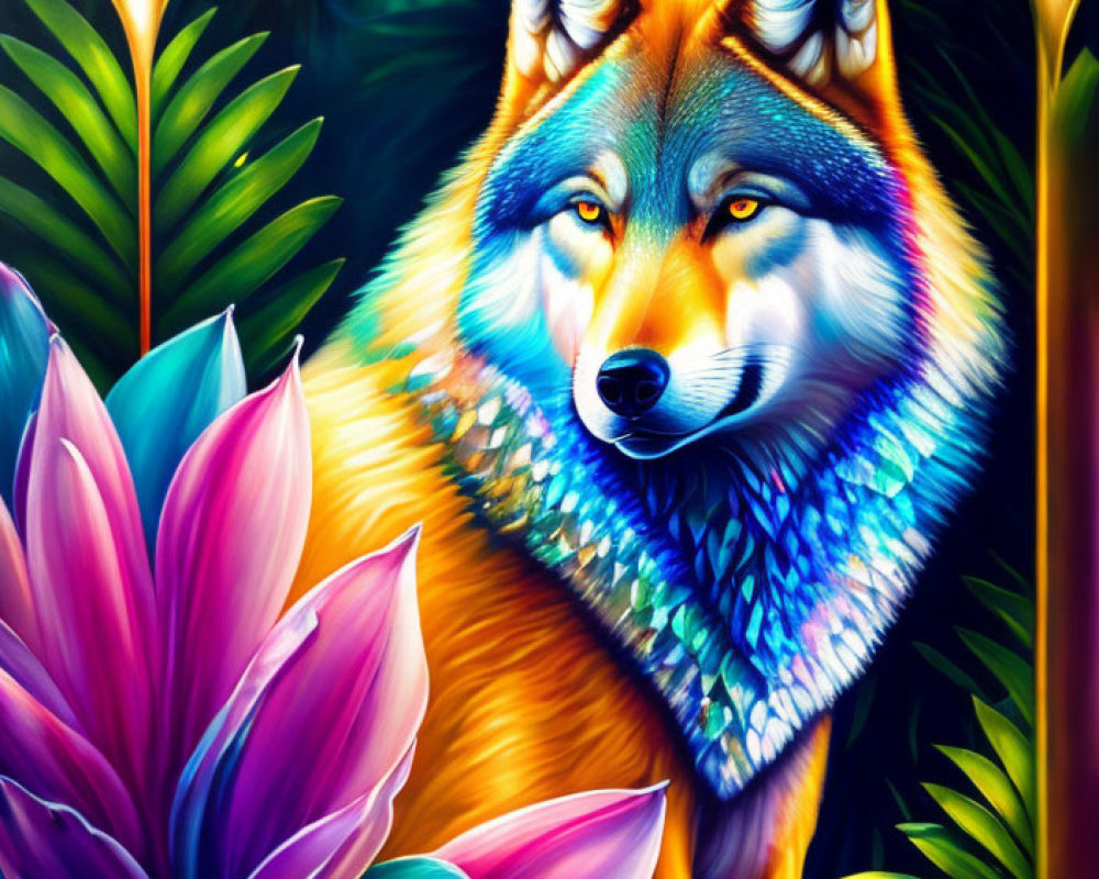 Colorful Wolf Art Among Tropical Foliage and Flowers