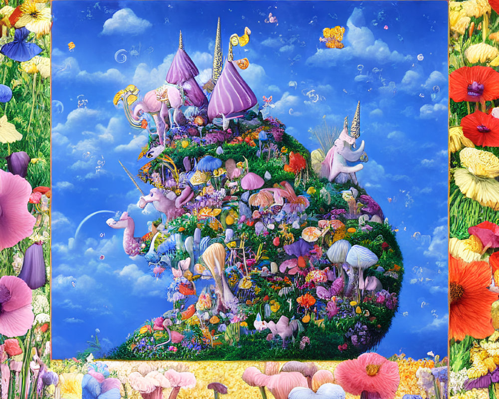 Fantasy illustration of unicorns, castle, and flowers in vibrant garden.