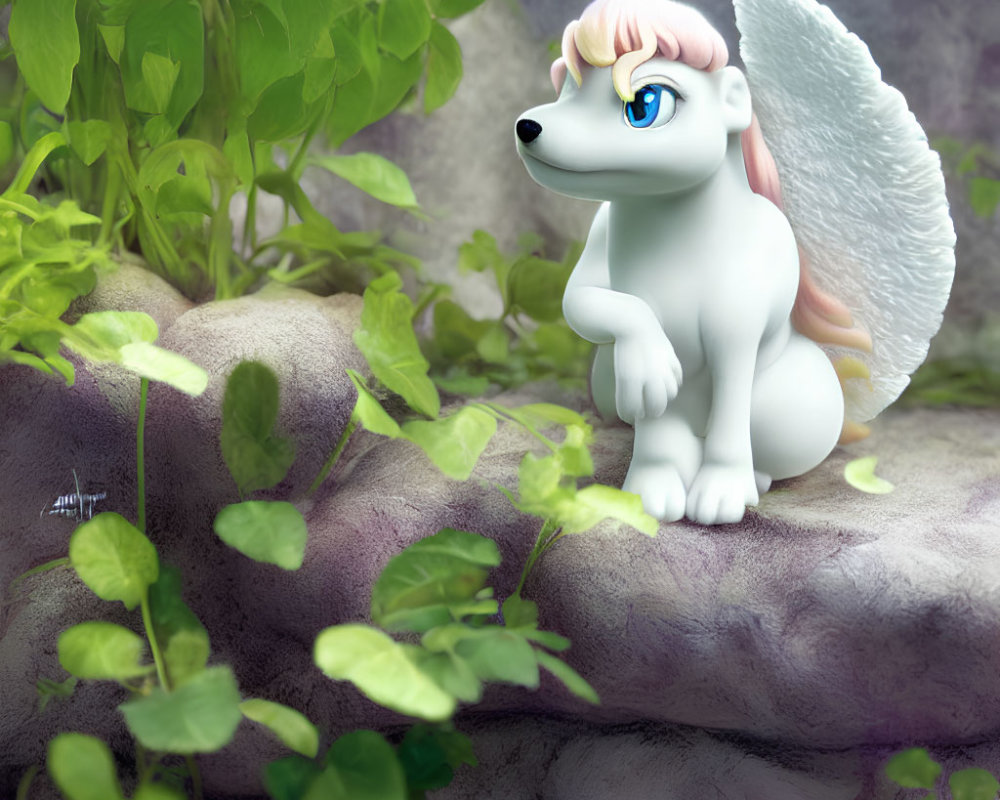 White Winged Unicorn Figurine with Blue Eyes in Green Plant Setting