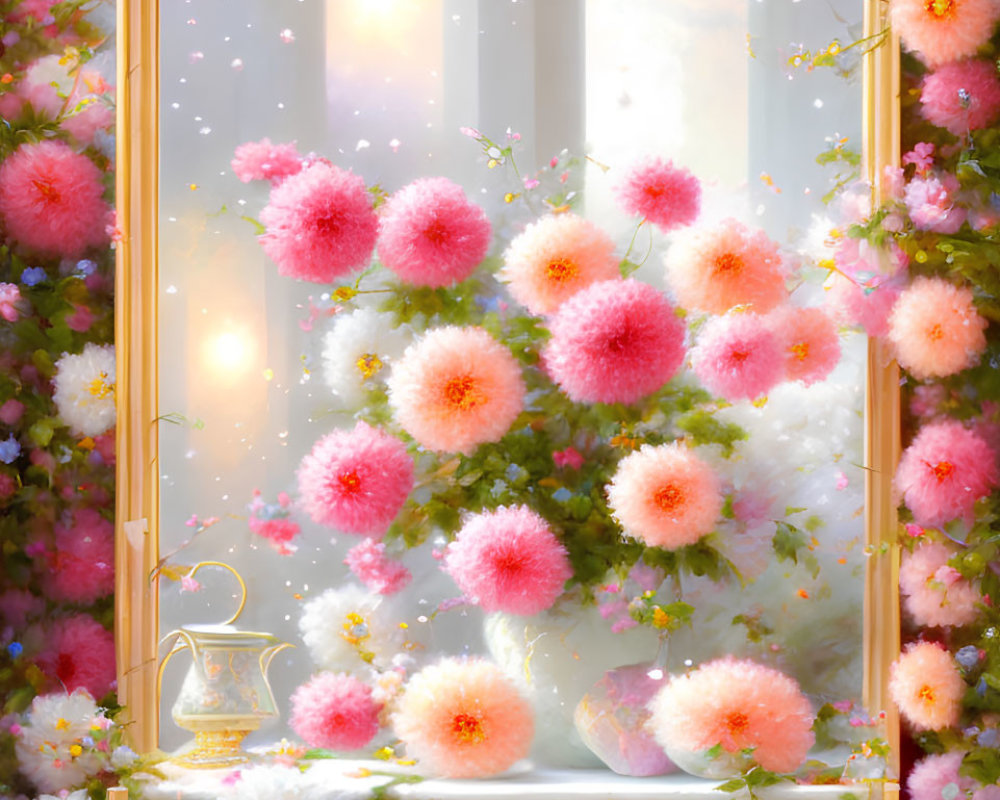 Pink and White Flowers Blooming Around Golden-Framed Window