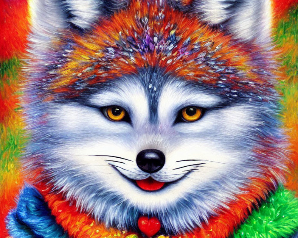 Colorful illustration of smiling fox with multicolored scarf on fiery backdrop