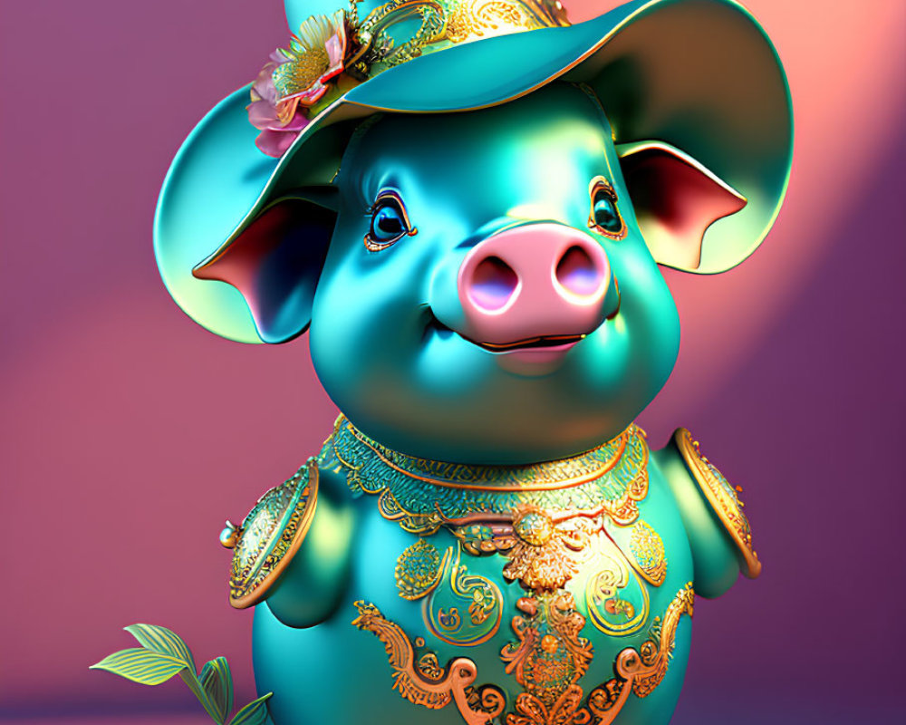 Ornate Pig Figurine with Golden Patterns on Pink Purple Gradient Background