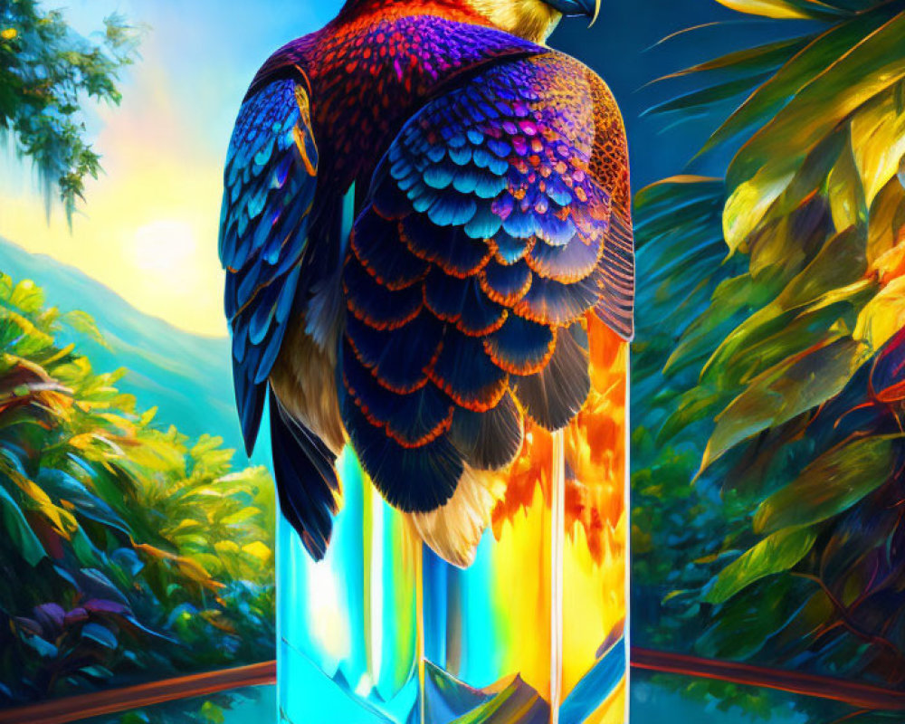 Colorful Hawk on Crystal Pedestal in Tropical Sunset