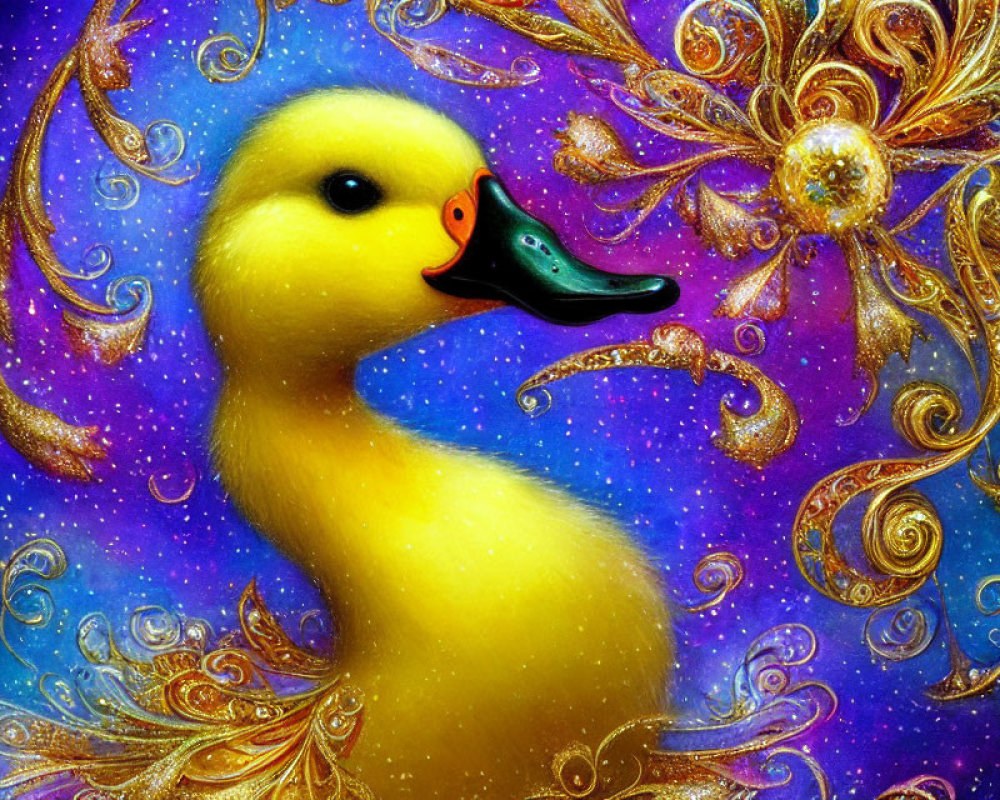 Detailed Yellow Duck Illustration on Sparkling Blue Background