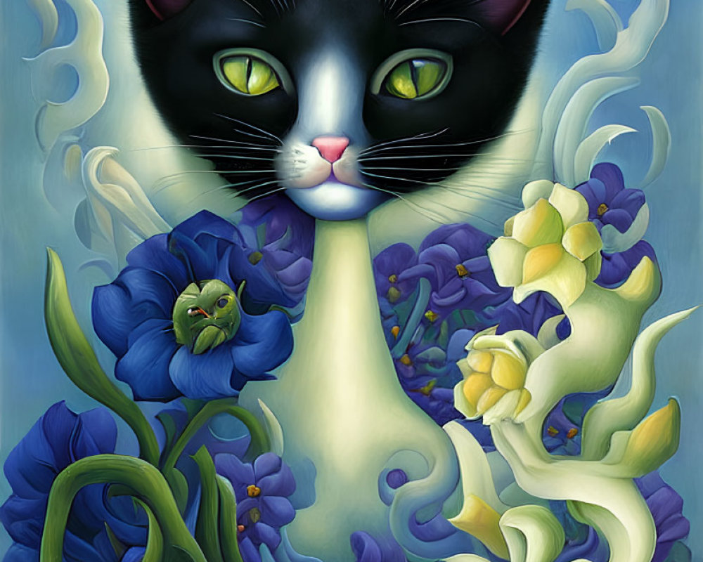 Stylized black and white cat with green eyes among colorful flowers on blue background