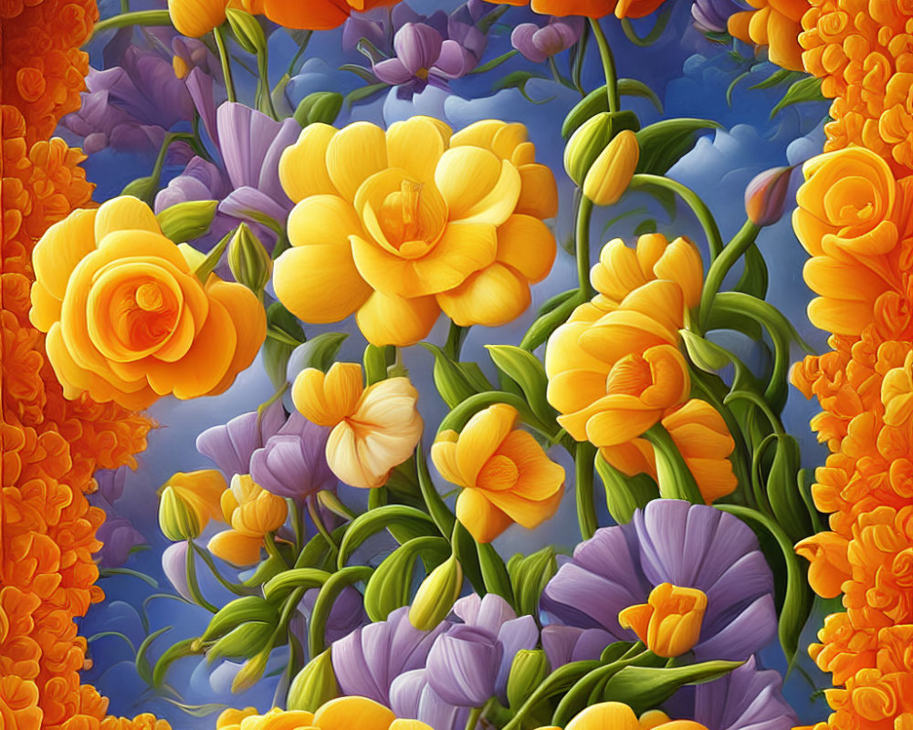 Colorful Yellow and Orange Flowers on Blue Background