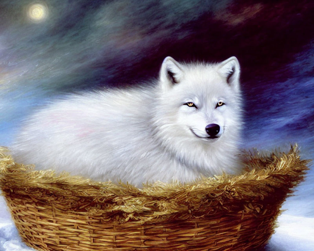 Fluffy Arctic Fox in Straw Basket Against Blue Skies