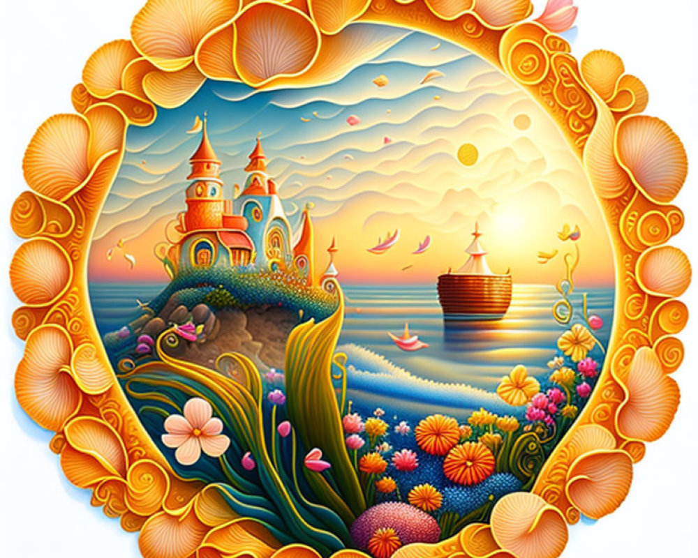 Circular seascape artwork with castle, sailboats, sun setting, and golden seashell frame